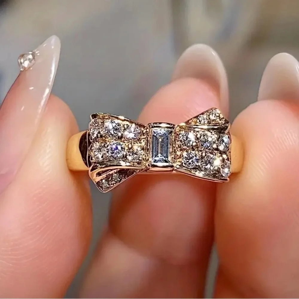 Rose Gold Bow Ring with Clear Crystals